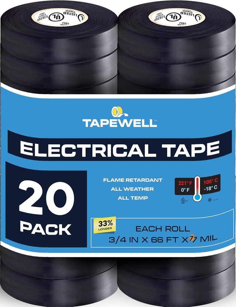 TAPEWELL شريط كهربائي أسود، درجة احترافية 3/4 بوصة × 66 قدم، شريط عازل كهربائي من PVC لجميع الأحوال الجوية، معتمد من U/L، مقاوم للماء، معدات تحسين المنزل الكهربائية، عبوة من 20 - Image 1